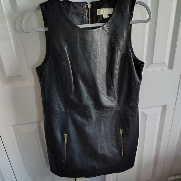 Michael Kors Faux Leather Black Mini Dress w Gold Zippers 8 - Picture 8 of 9